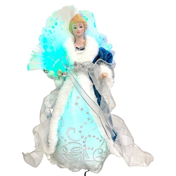 Fiber Optics Angel Tree Topper Vintage Blue & White Holiday Christmas Decor 12” - Picture 1 of 11